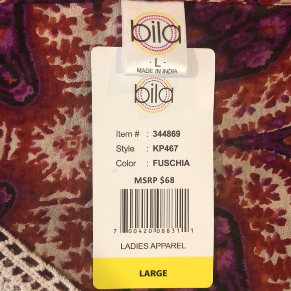 Bila Sheer Lace Fuschia Peasant Blouse Large NWT - Picture 5 of 7